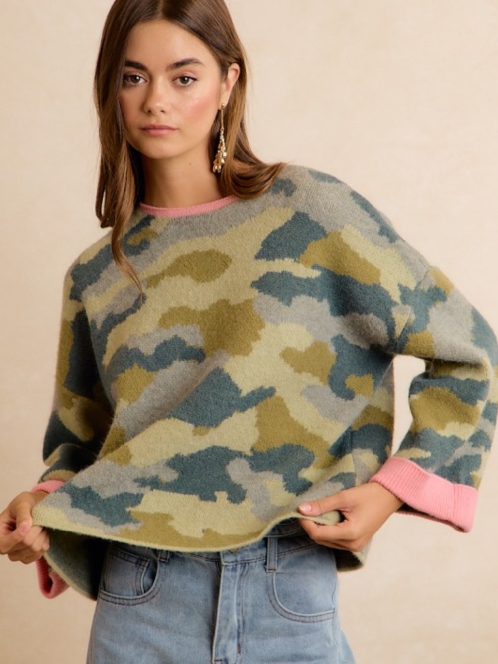 BiBi Camo Pink Trim Sweater - Picture 6 of 7